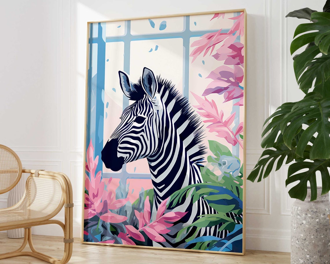 Tropical Zebra Colorful Botanical Leaves Pink Modern Wall Art