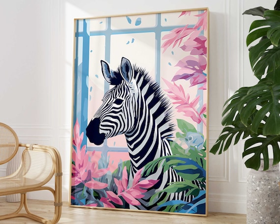 Tropical Zebra Bathroom Animal Print Colourful Modern Fun Home Decor Pink Poster Eclectic Botanical Wall Art