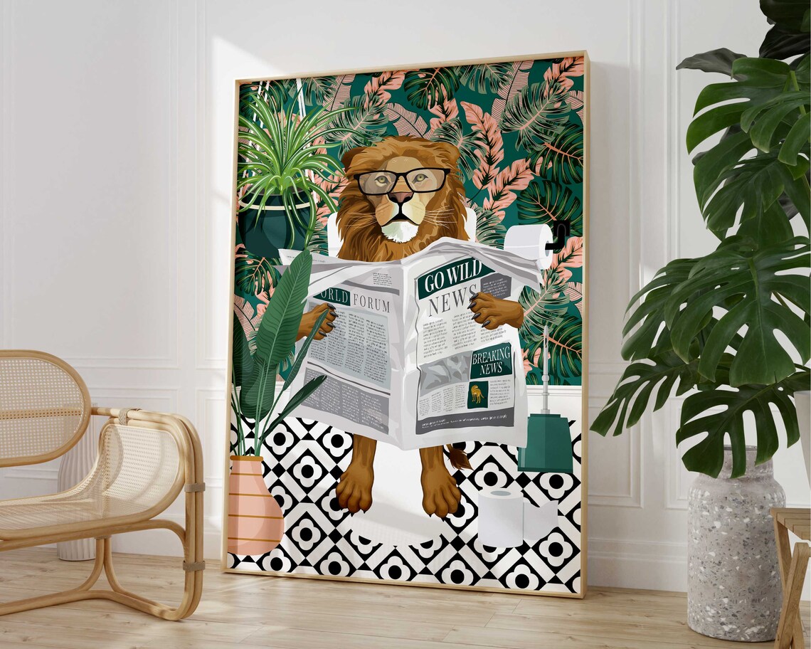 Lion On Toilet Teal Bathroom Wall Art Print