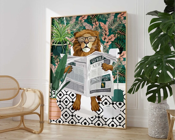 Lion On Toilet Teal Bathroom Wall Art Print