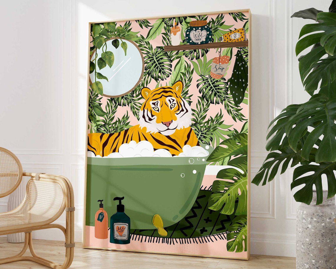 Tiger In Bathtub Maximalist Bathroom Art Print