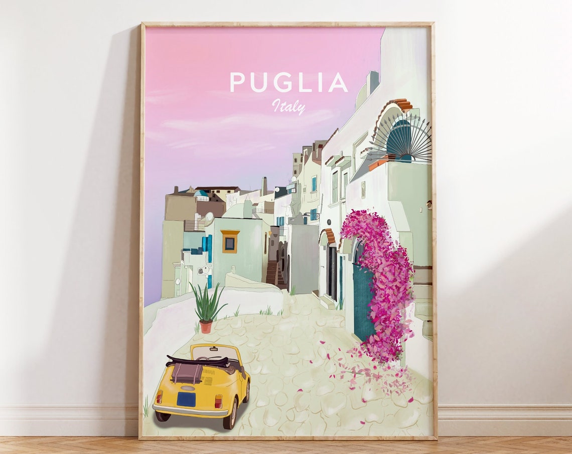 Italy Travel Print Italy Puglia Travel Poster Puglia Illustration Vintage Fiat 500 Puglia Wall Art Oldtimer Illustration Puglia Art