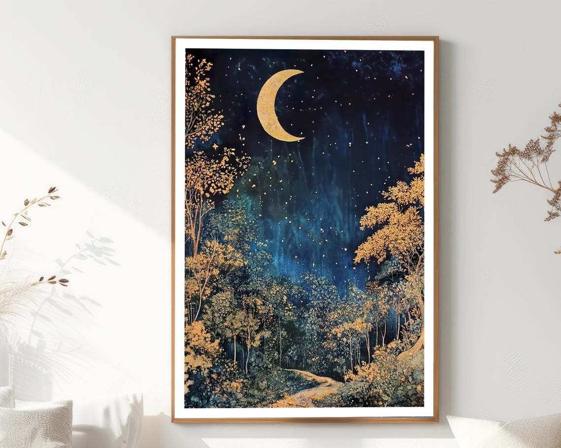 Golden Crescent Moon Over Starry Forest Night Oil Painting Poster