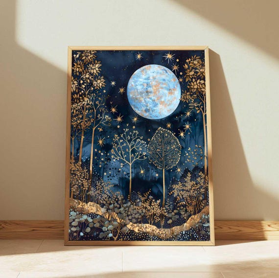 Blue Full Moon Print Golden Forest Blue Wall Decor Celestial William Morris Vintage Moon Lover Art Gothic Dark Academia Night Stars Print