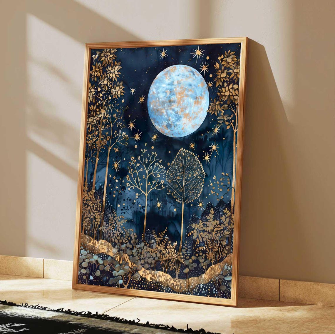 Luminous Blue Full Moon Over Golden Forest Night Sky Art Poster - Image 2