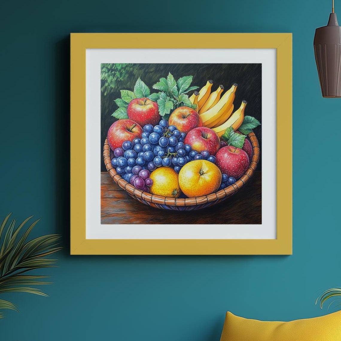 Fresh Fruit Bowl Delight Vibrant Colored Pencil Illustration Red Apples Canvas Yellow Bananas Realistic Kitchen Giclee Wall Fine Art