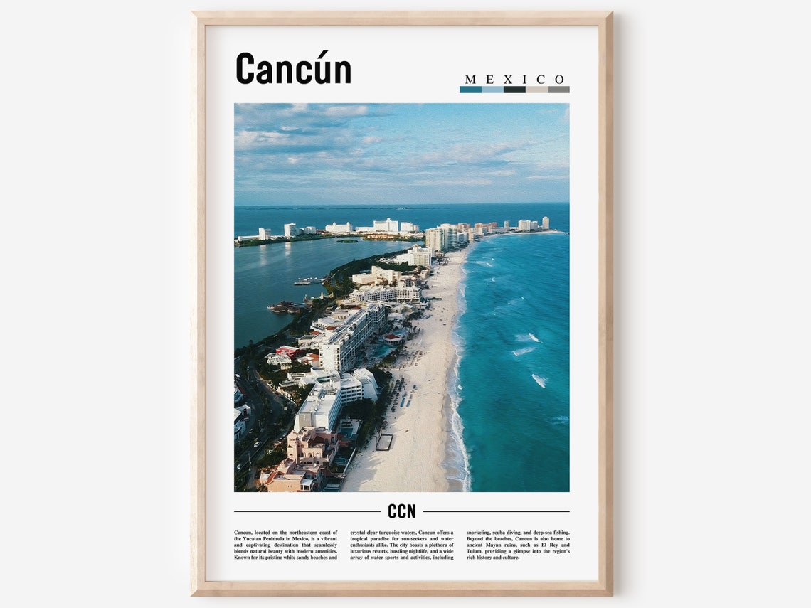 Cancun Mexico Beach Hotel Zone Aerial Color Travel Poster Artwork