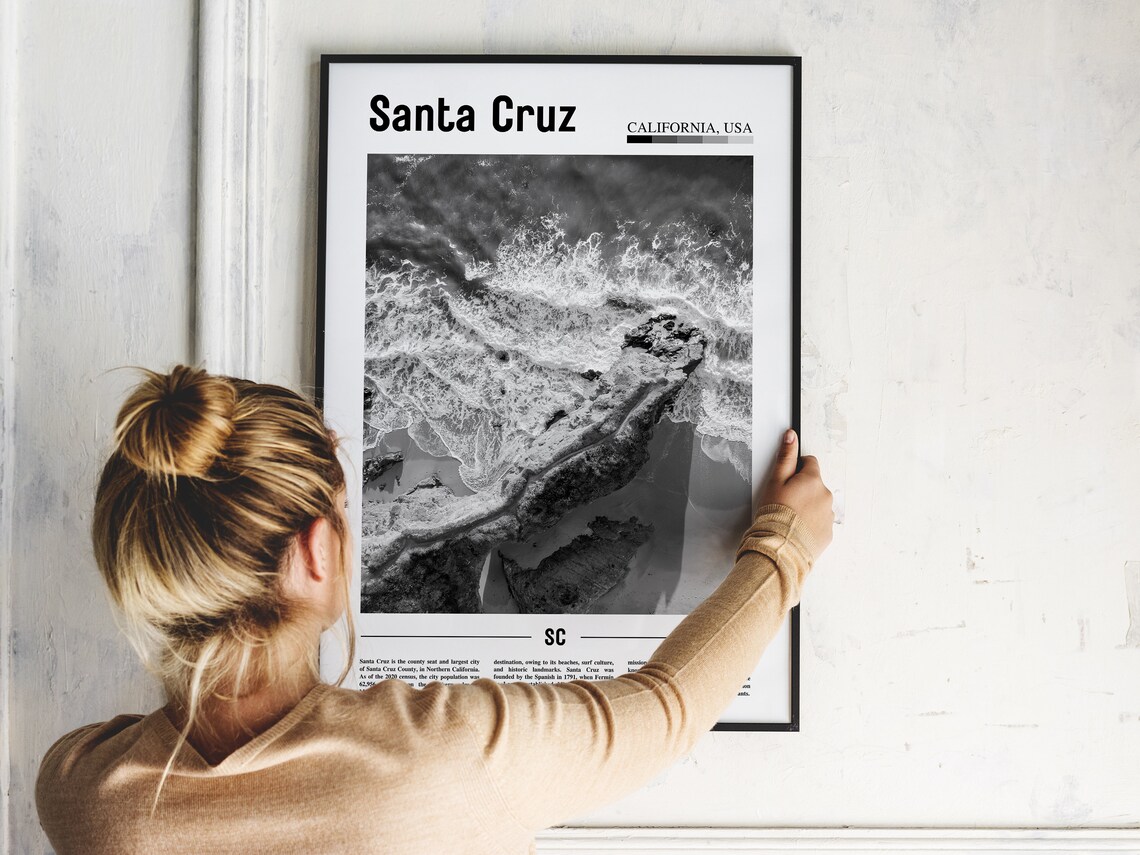 Santa Cruz California Black and White Ocean Waves Rocks Photo Poster - Image 2