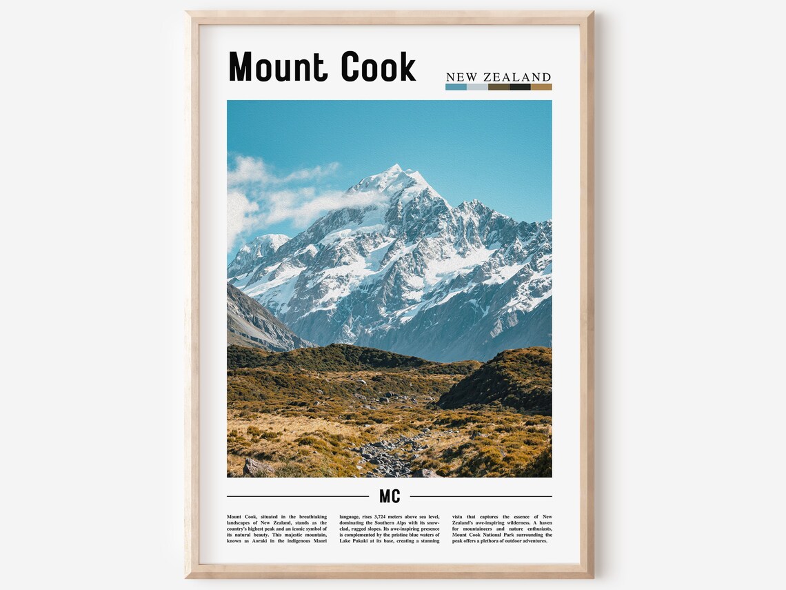 Mount Cook Snowcapped Peak New Zealand Minimal Travel Photo Poster