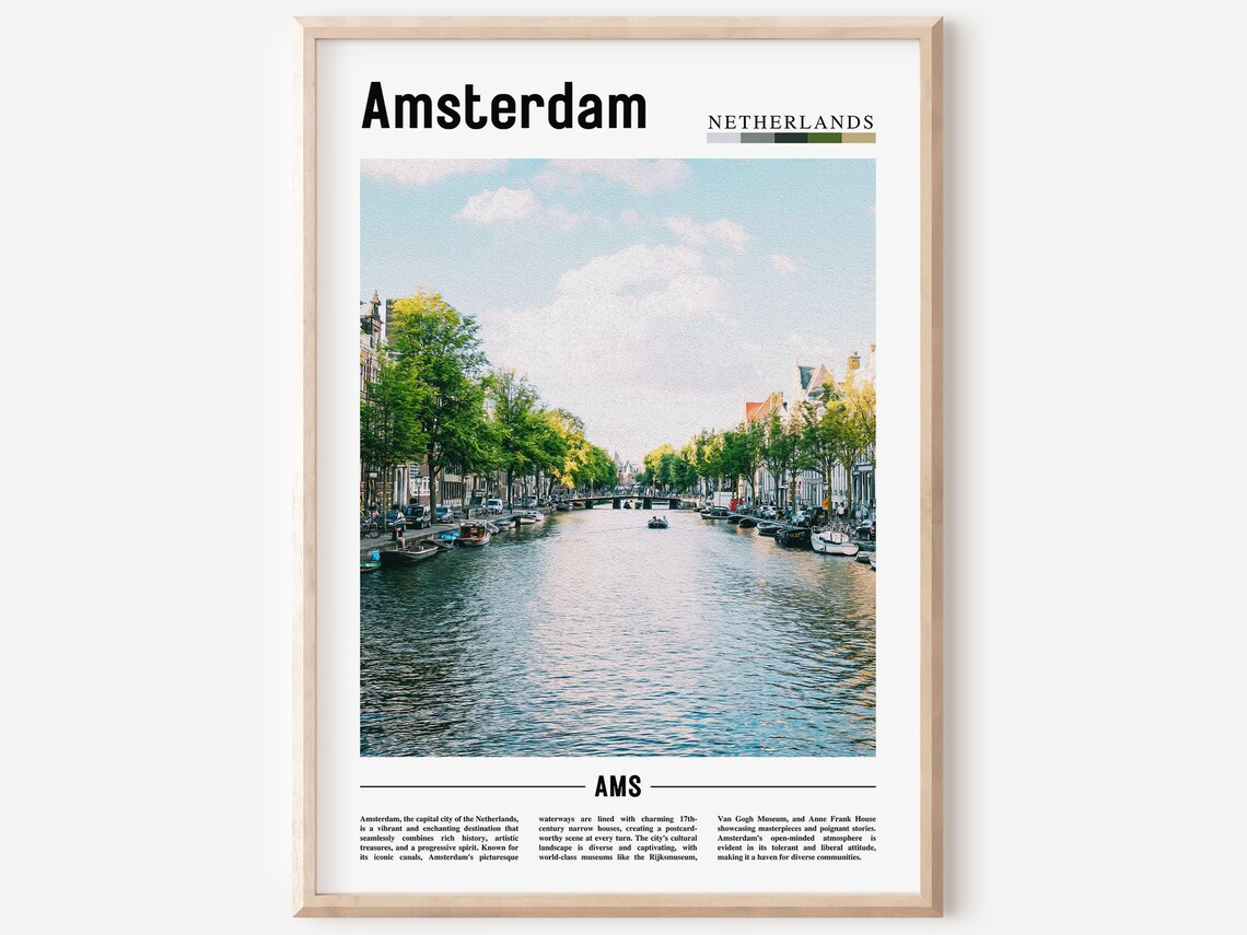 Amsterdam Netherlands Canal Houses Travel Photography City Poster