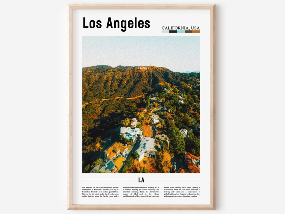 Los Angeles Hollywood Sign Hills Aerial California Travel Poster