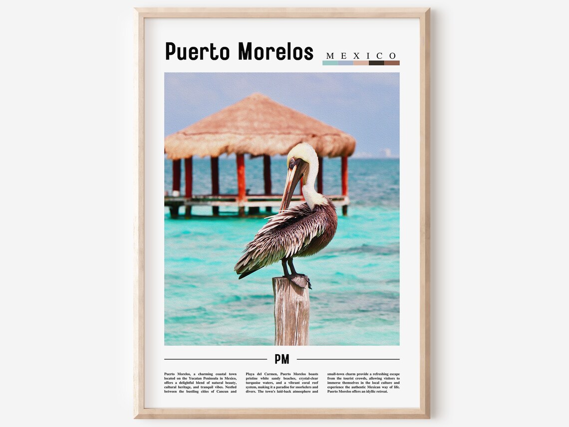 Puerto Morelos Mexico Pelican Turquoise Sea Caribbean Travel Poster