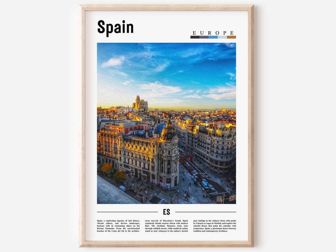 Spain Madrid Cityscape Europe Travel Poster Sunset Skyline View