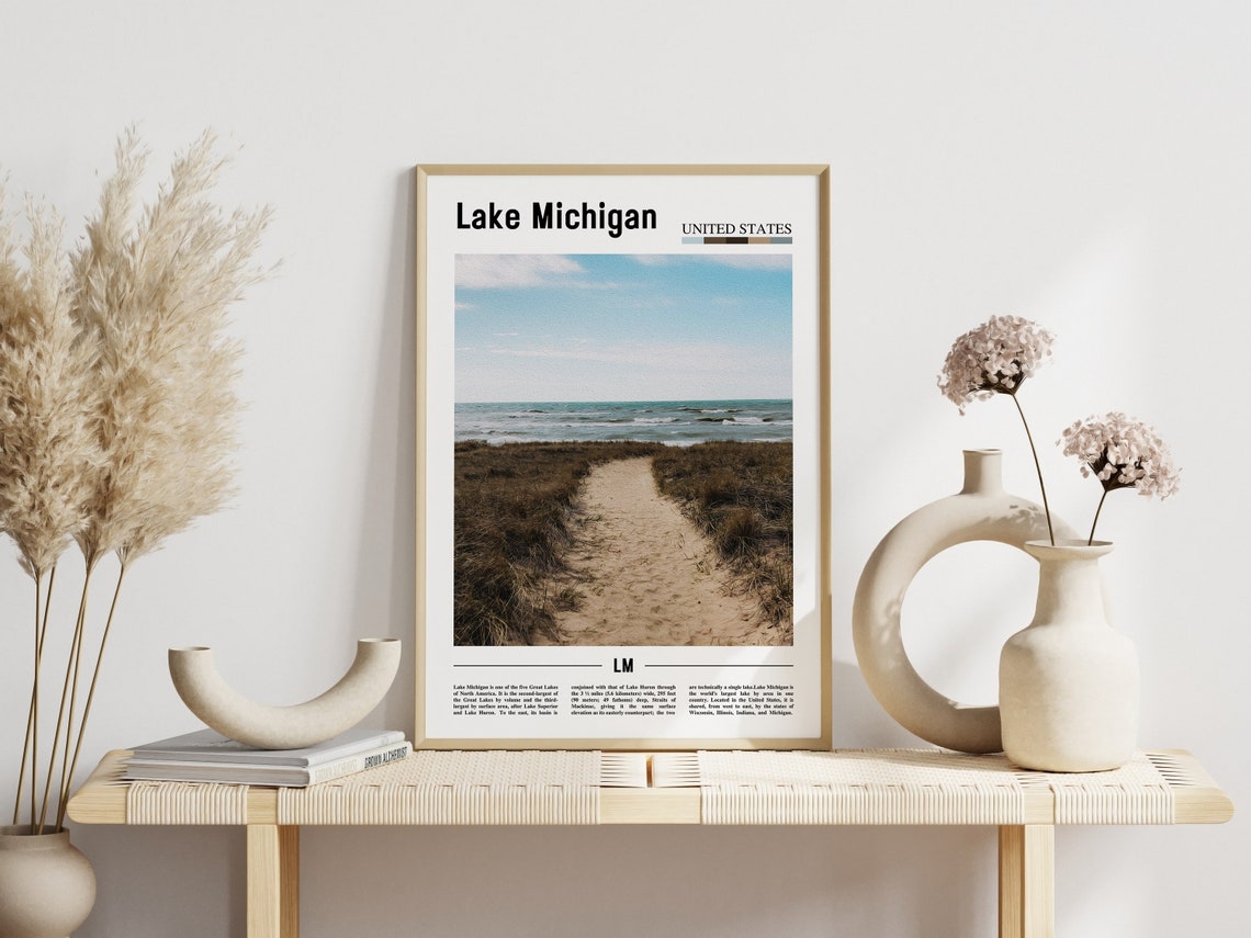 Lake Michigan Print Lake Michigan Poster Lake Michigan Wall Art Minimal Travel Print Minimal City Poster Oil Painting Poster - Image 3