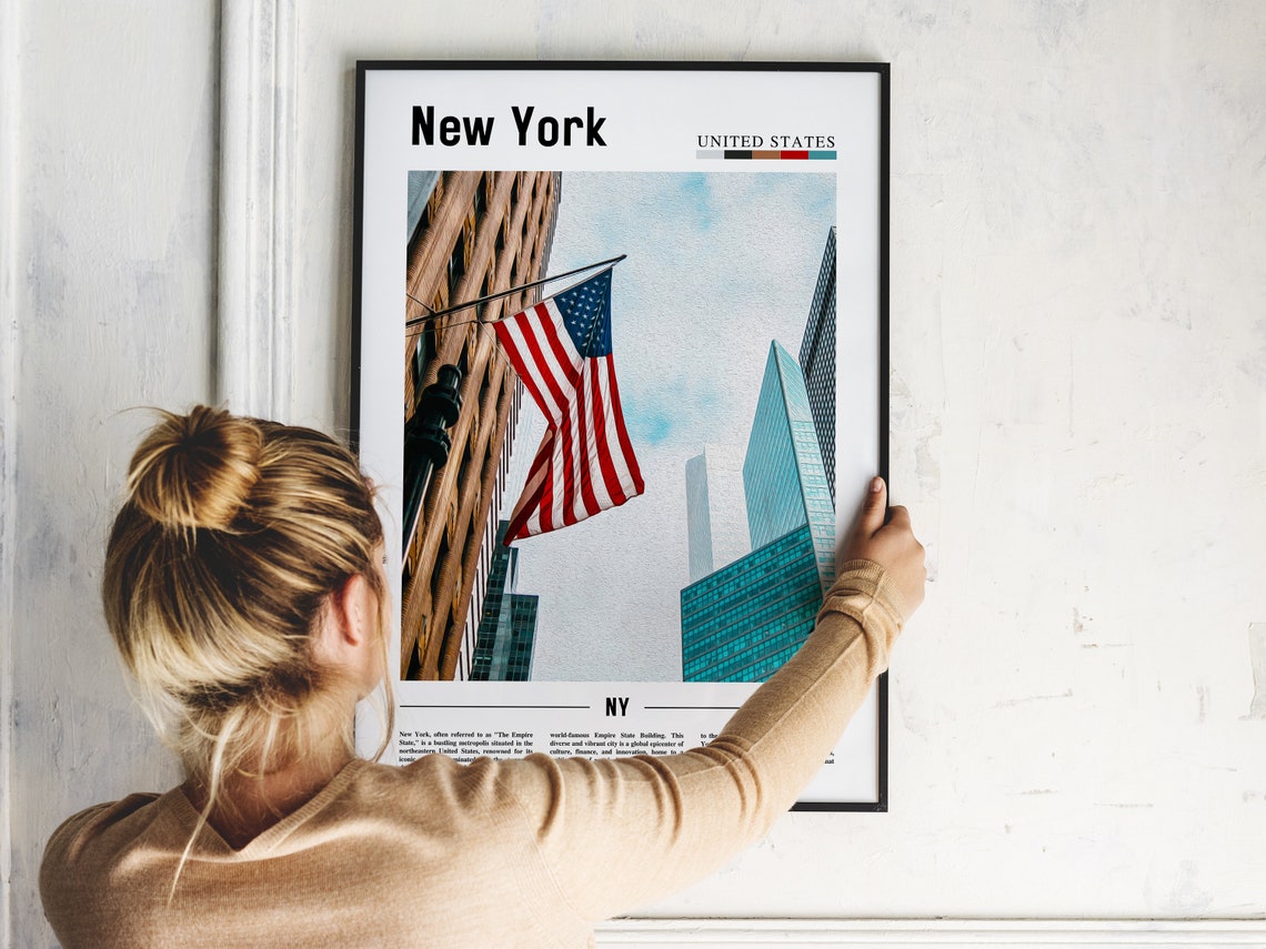 New York American Flag Waving Skyscrapers City Streets Photo Poster - Image 2