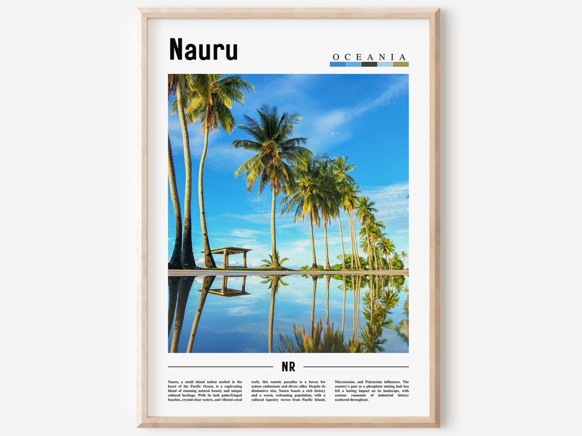 Nauru Oceania Palm Trees Mirror Lagoon Minimal Travel Poster