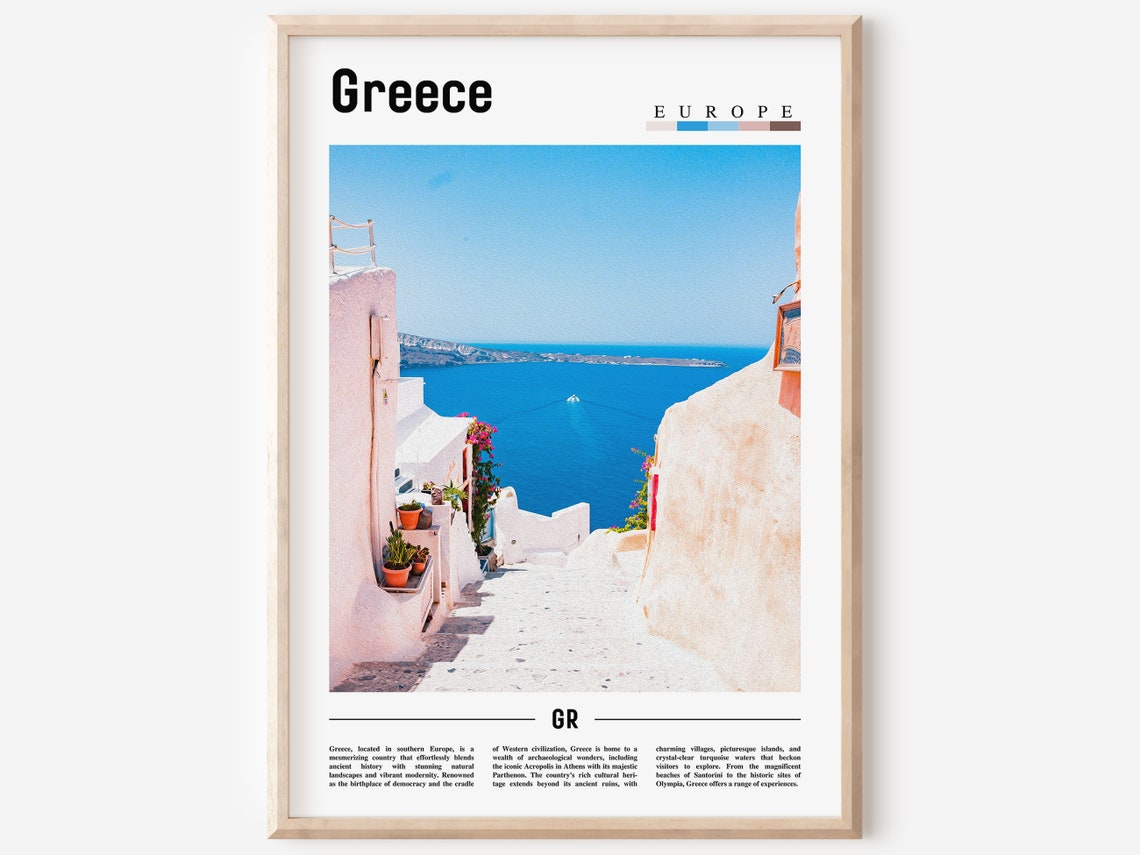 Greece White Alley Blue Aegean Sea Coastal Photography Travel Poster
