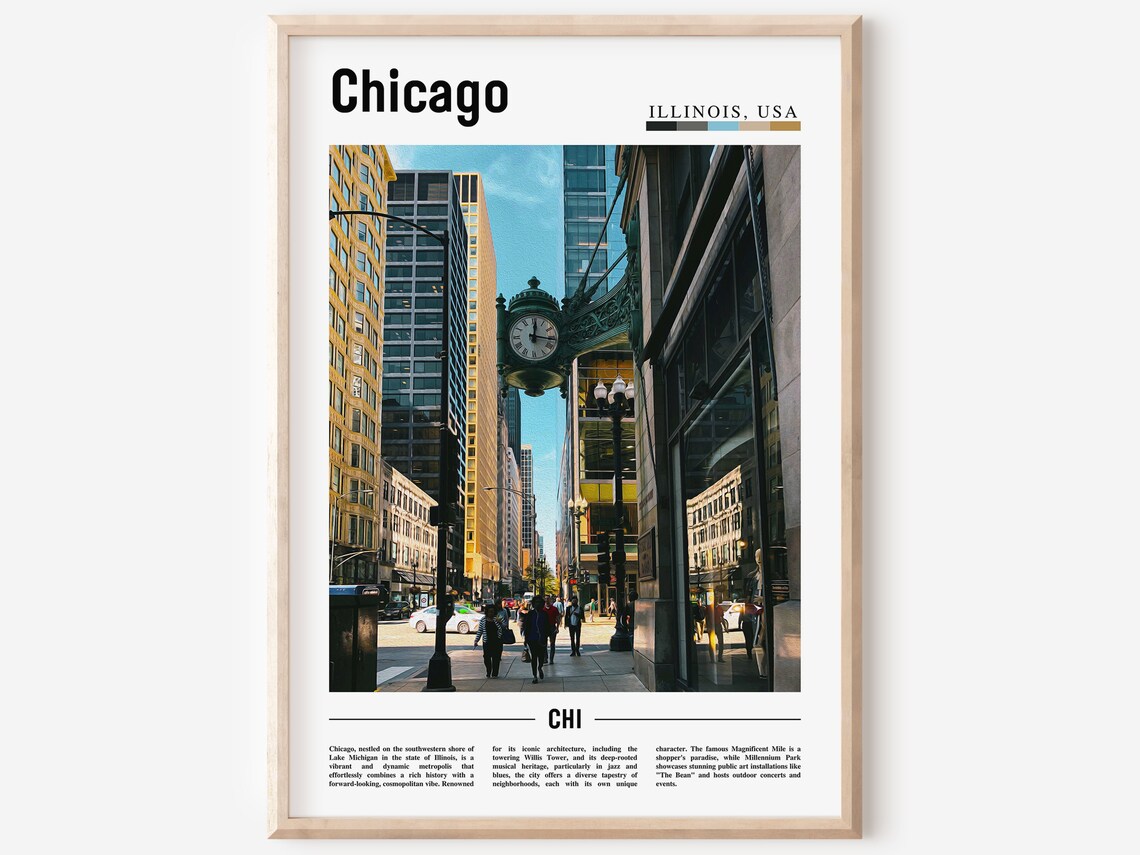 Chicago Illinois Vintage Street Clock Downtown Scene Travel Poster