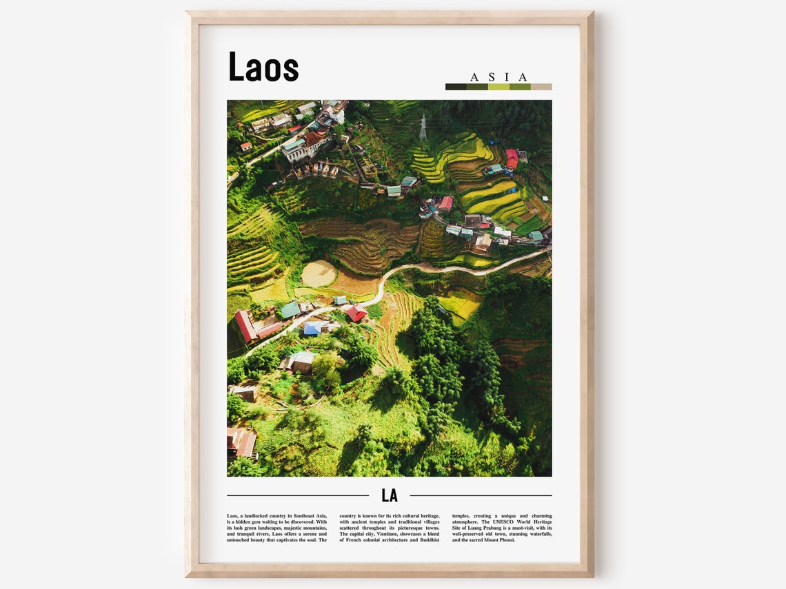 Laos Asia Rice Terraces Aerial Village Modern Travel Photo Poster