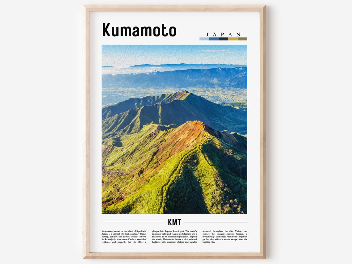 Kumamoto Japan Green Volcano Ridges Mountain View Travel Poster