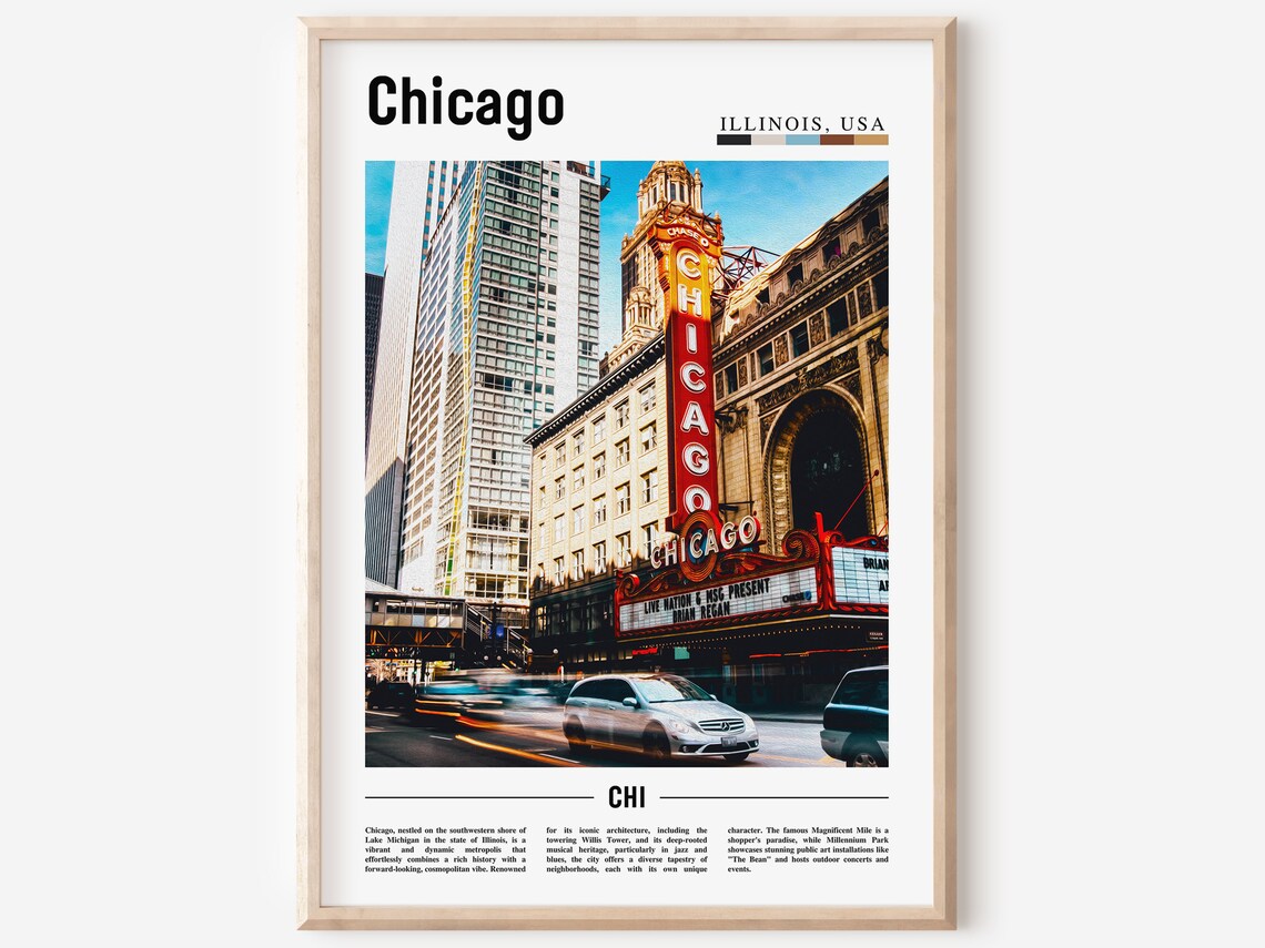 Chicago Theatre Marquee Daytime Street Cityscape Travel Poster