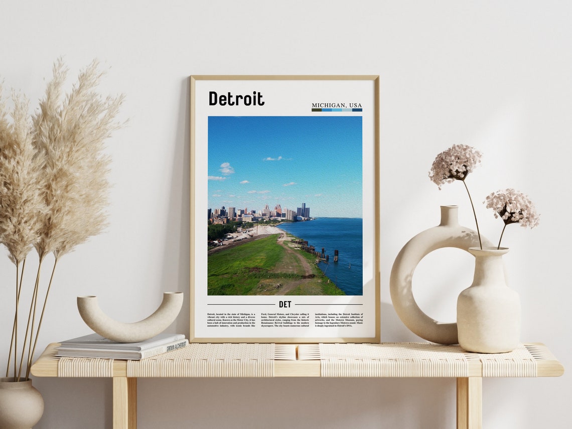 Detroit Michigan Downtown Skyline Riverfront View Travel Poster - Image 3