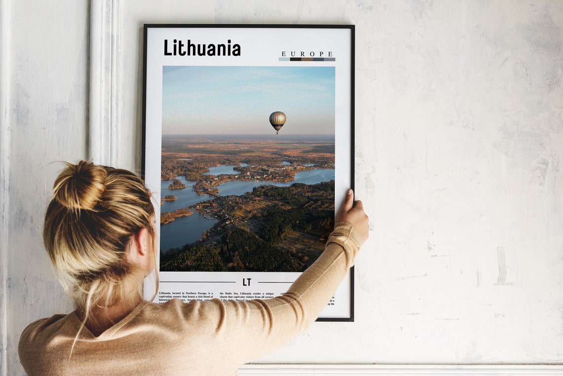 Lithuania Europe Travel Poster Hot Air Balloon Over Lakes at Sunrise - Image 2