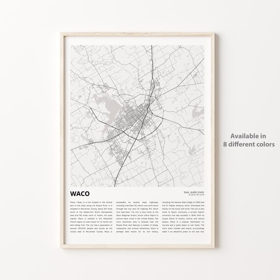 Waco Texas Grey Street Map Poster Minimalist City Travel Decor
