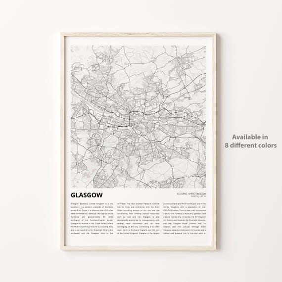 Glasgow Map Print Travel Wall Decor Art Scotland Housewarming Gift