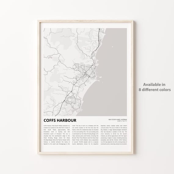 Coffs Harbour Map Print Travel Wall Decor Art New South Wales Housewarming Gift