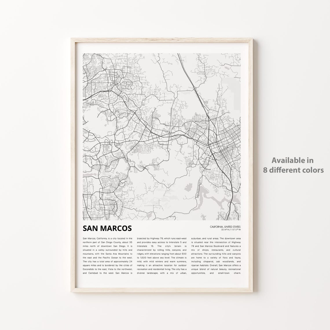 San Marcos California City Street Map Line Art Travel Poster