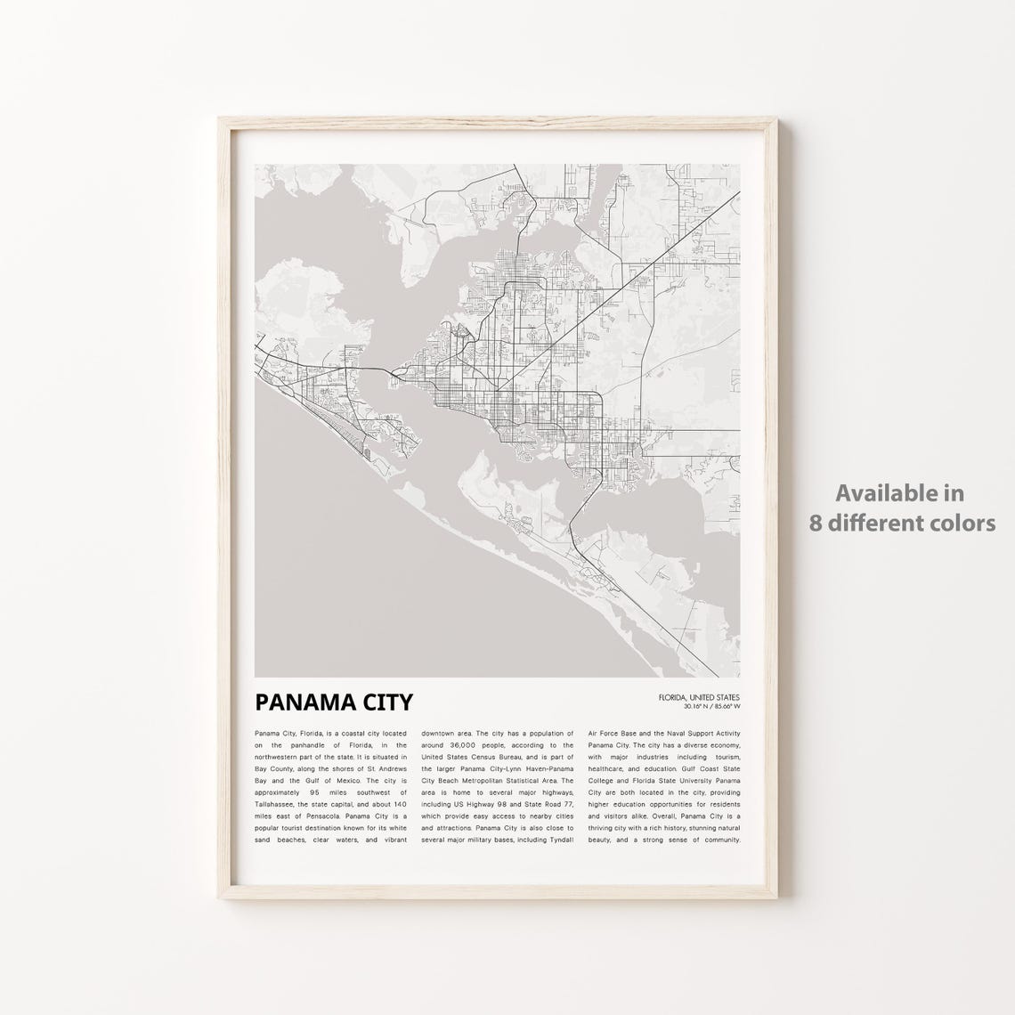 Panama City Florida Street Map Minimalist Coastal Decor Poster