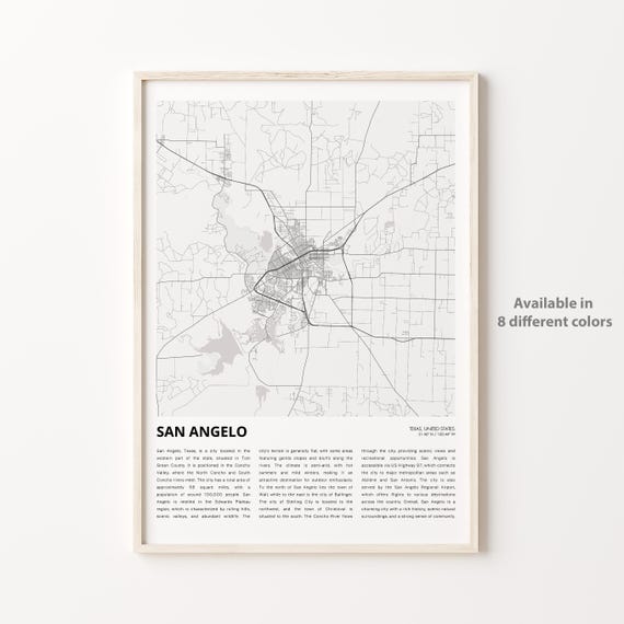 San Angelo Texas City Street Map Poster Minimalist Wall Gift Art