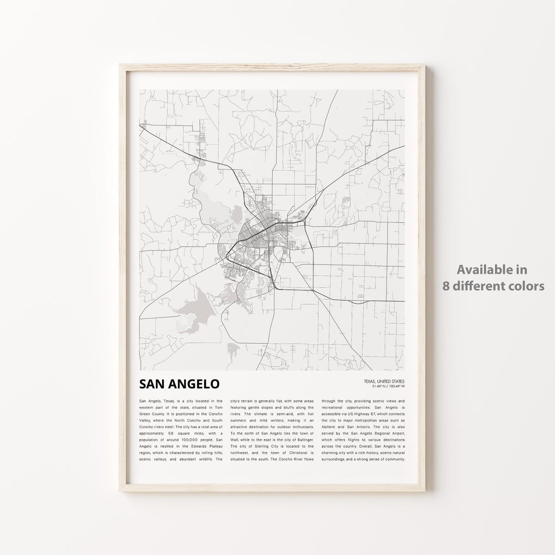 San Angelo Texas City Street Map Poster Minimalist Wall Gift Art