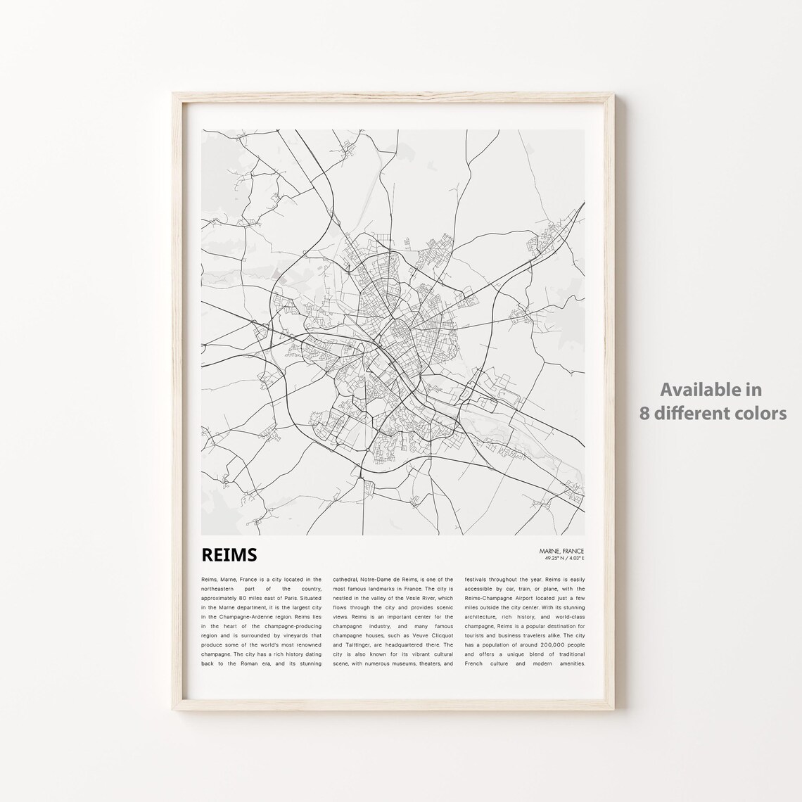 Reims France Champagne Region City Street Map Minimalist Art Print