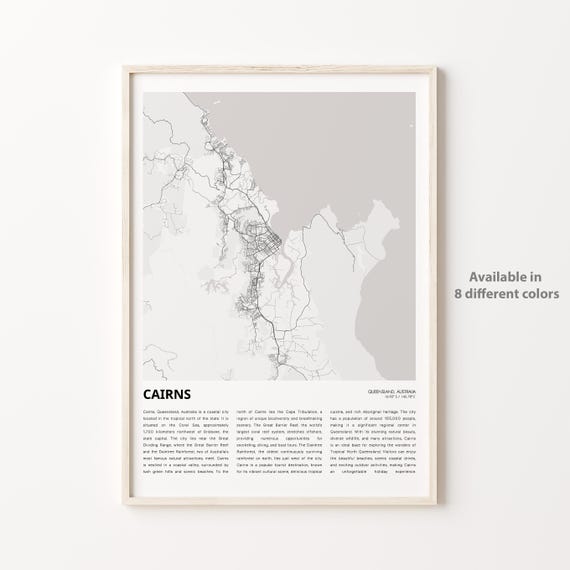 Cairns Map Print Travel Wall Decor Art Queensland Housewarming Gift