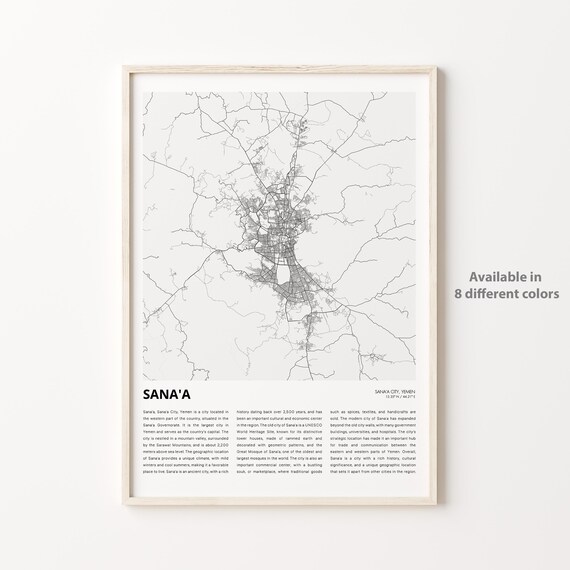 Sanaa Yemen Minimalist Black and White City Street Map Poster