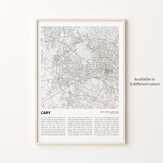 Cary Map Print Travel Wall Decor Art North Carolina Housewarming Gift