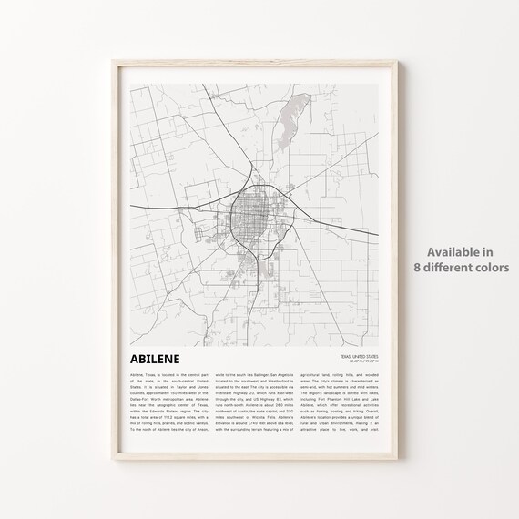Abilene Texas City Street Map Minimalist Central Texas Travel Poster