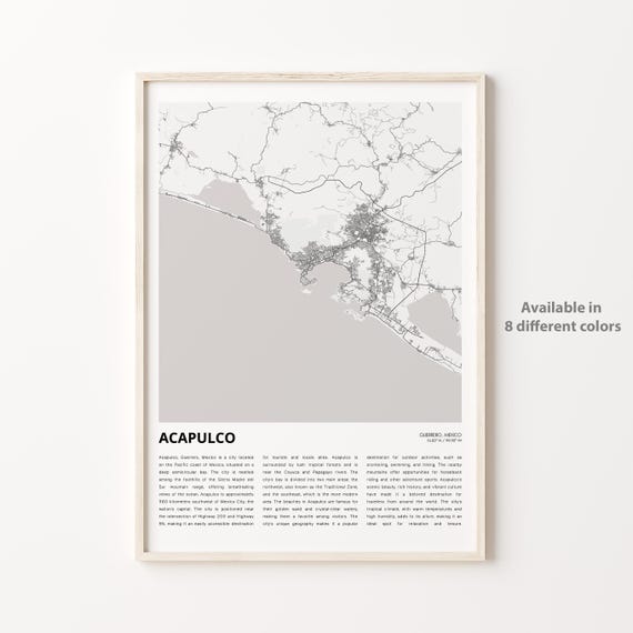 Acapulco Map Print Travel Wall Decor Art Guerrero Housewarming Gift Poster