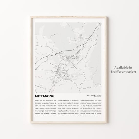 Mittagong Map Print Travel Wall Decor Art New South Wales Housewarming Gift