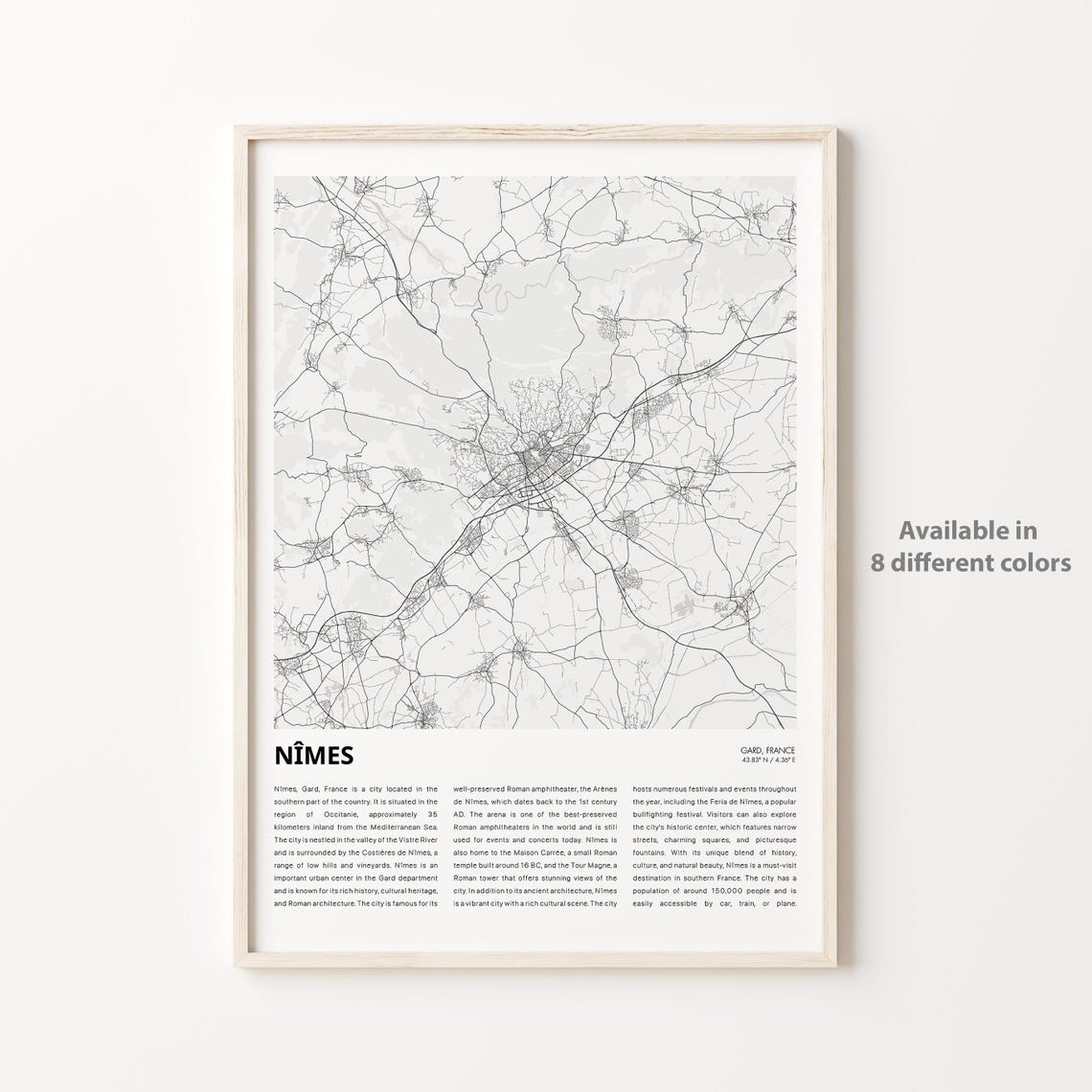 Nimes France Minimalist Monochrome City Street Map Travel Poster