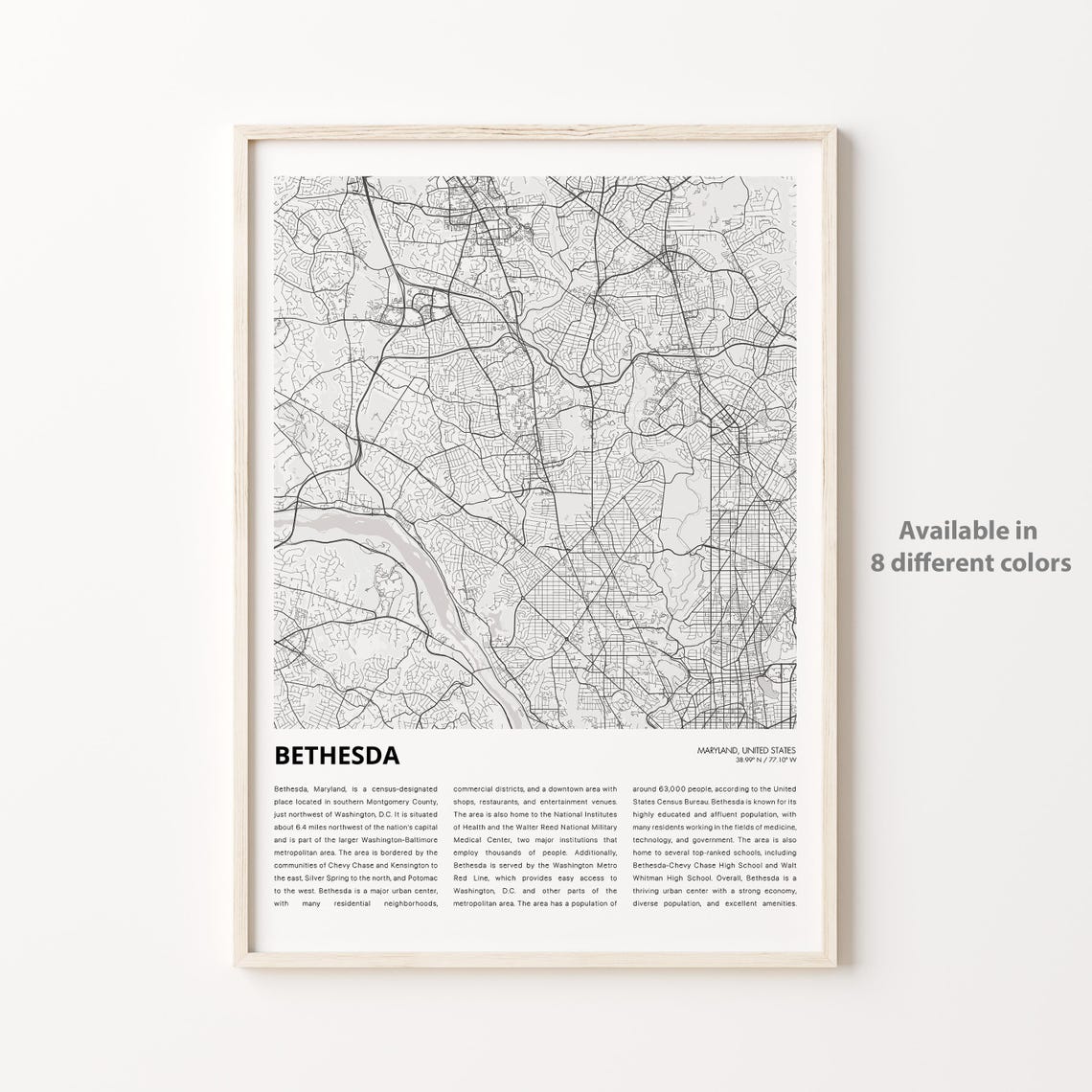 Bethesda Map Print Travel Wall Decor Art Maryland Housewarming Gift
