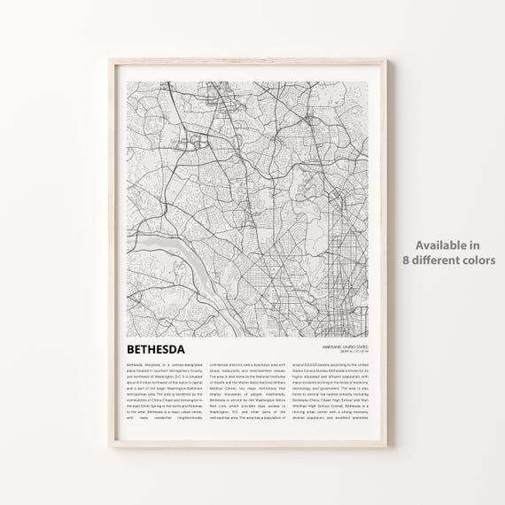 Bethesda Map Print Travel Wall Decor Art Maryland Housewarming Gift