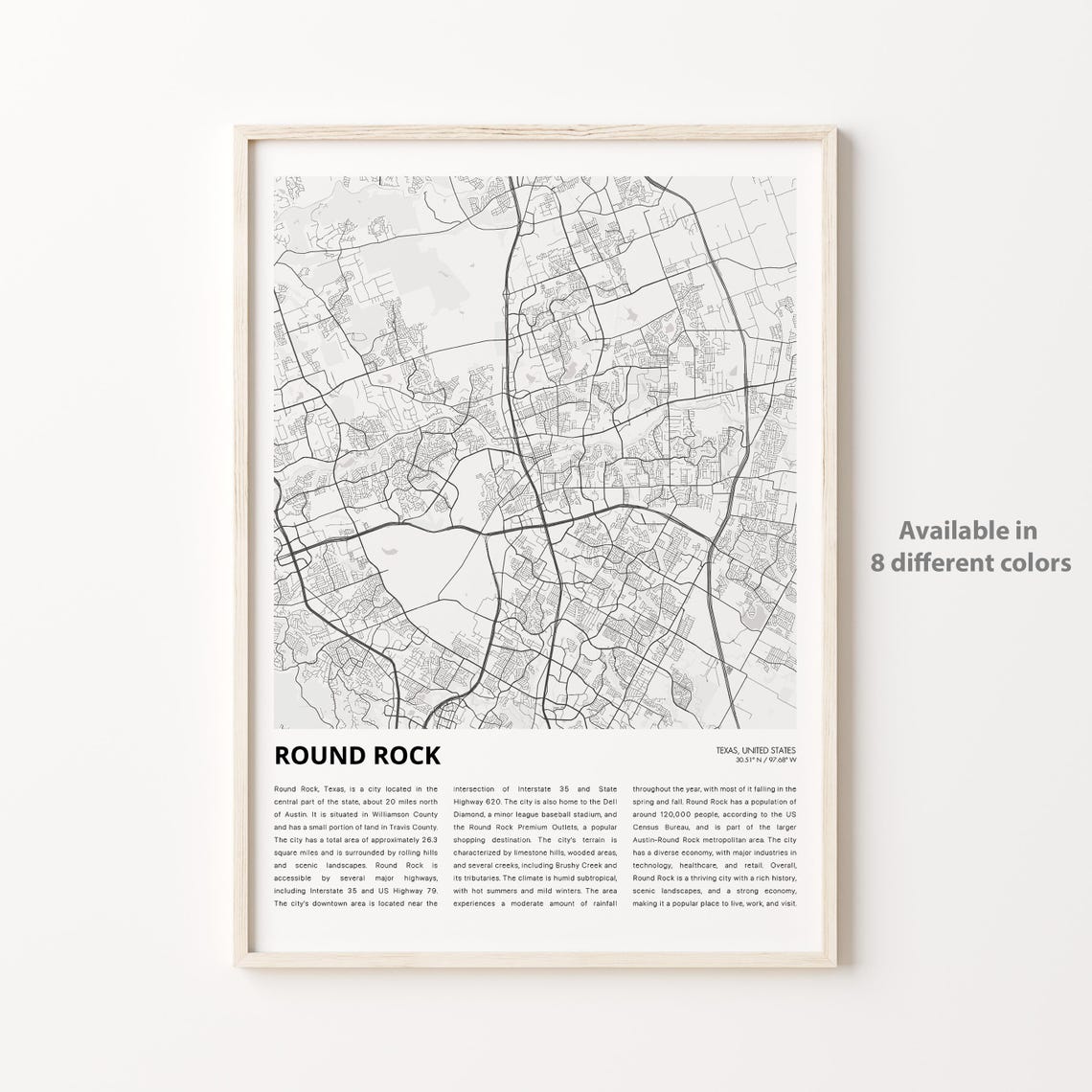 Round Rock Texas City Street Map Minimalist Travel Art Poster