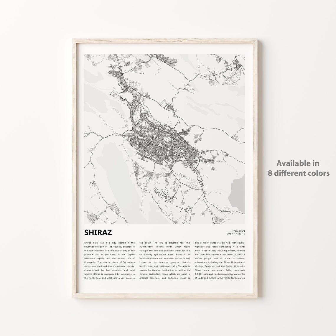 Shiraz Iran Historic Garden City Street Map Travel Decor Poster
