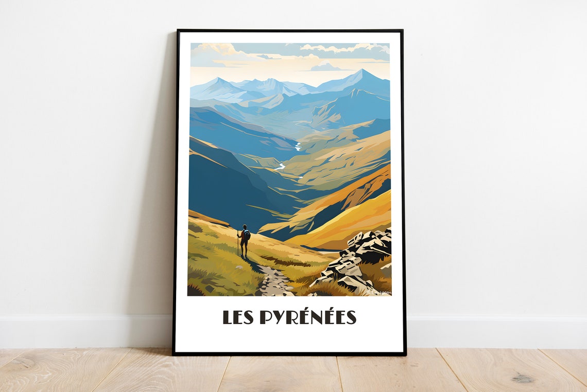 Les Pyrénées Golden Valley Hiker Mountain Trail Travel Poster