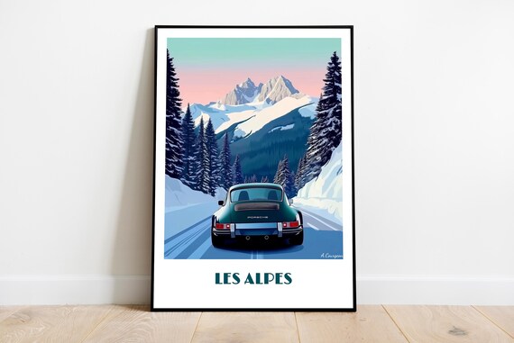Vintage Porsche 911 Driving Snowy Alpine Mountain Road Winter Poster