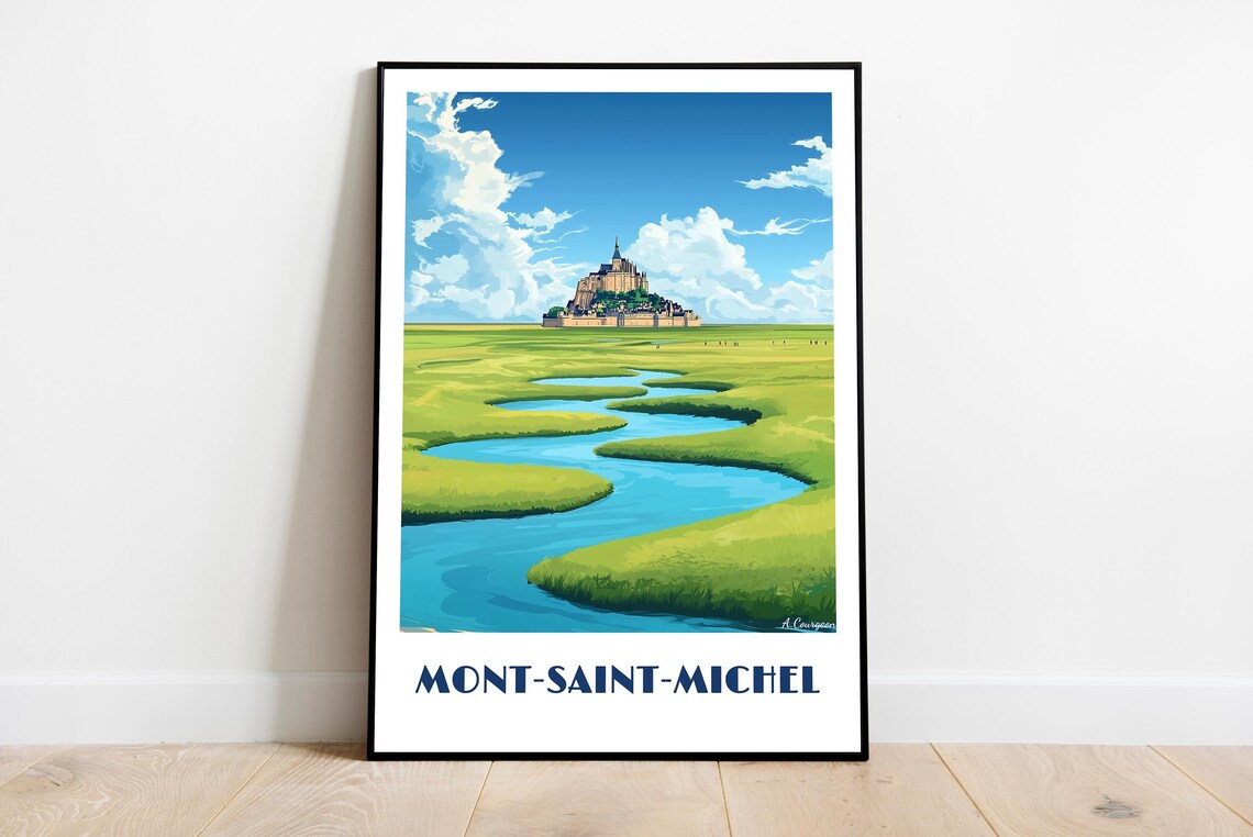 Mont-Saint-Michel Abbey Island Tidal Flats Retro Travel Poster
