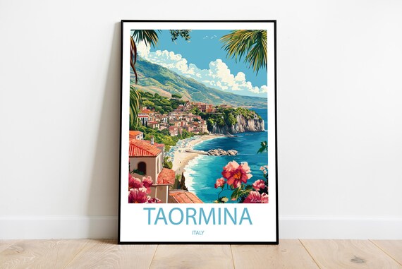 Handmade Taormina Italy Poster Wall Art Modern Travel Framed Birthday Home Made Decor Gift Vector Illustration Print Painting